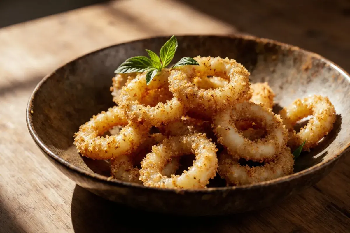 Knusprige calamari fritti in einer rustikalen Schale, garniert mit frischer Minze. Ein Genuss für die Sinne.