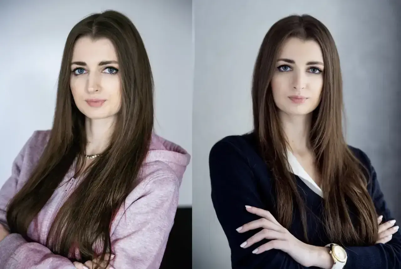 Dwie wersje portretu kobiety, idealne jako zdjęcie do CV telefonem. Wersja casual w bluzie i wersja formalna w marynarce.
