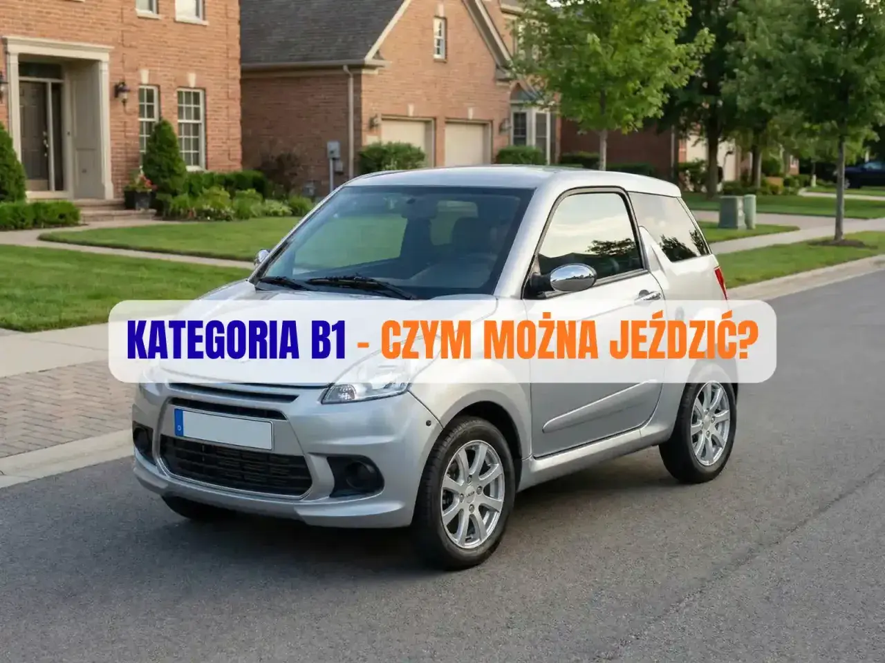 Srebrny, kompaktowy pojazd na tle domu. Napis: "KATEGORIA B1 - CZYM MOŻNA JEŹDZIĆ?".