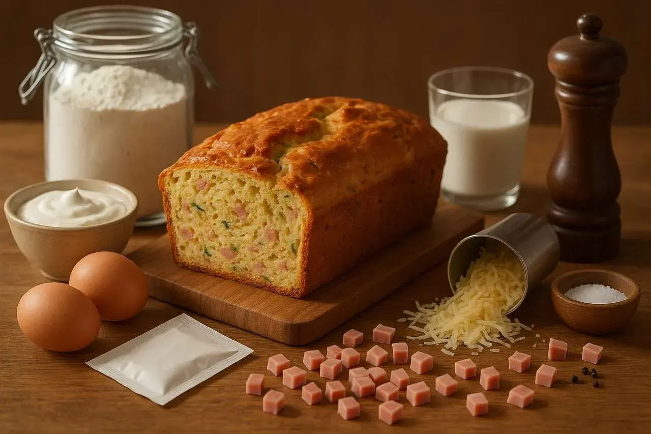 Un cake salé moelleux, prêt à être dégusté, avec ses ingrédients : farine, œufs, fromage, jambon, lait et épices.