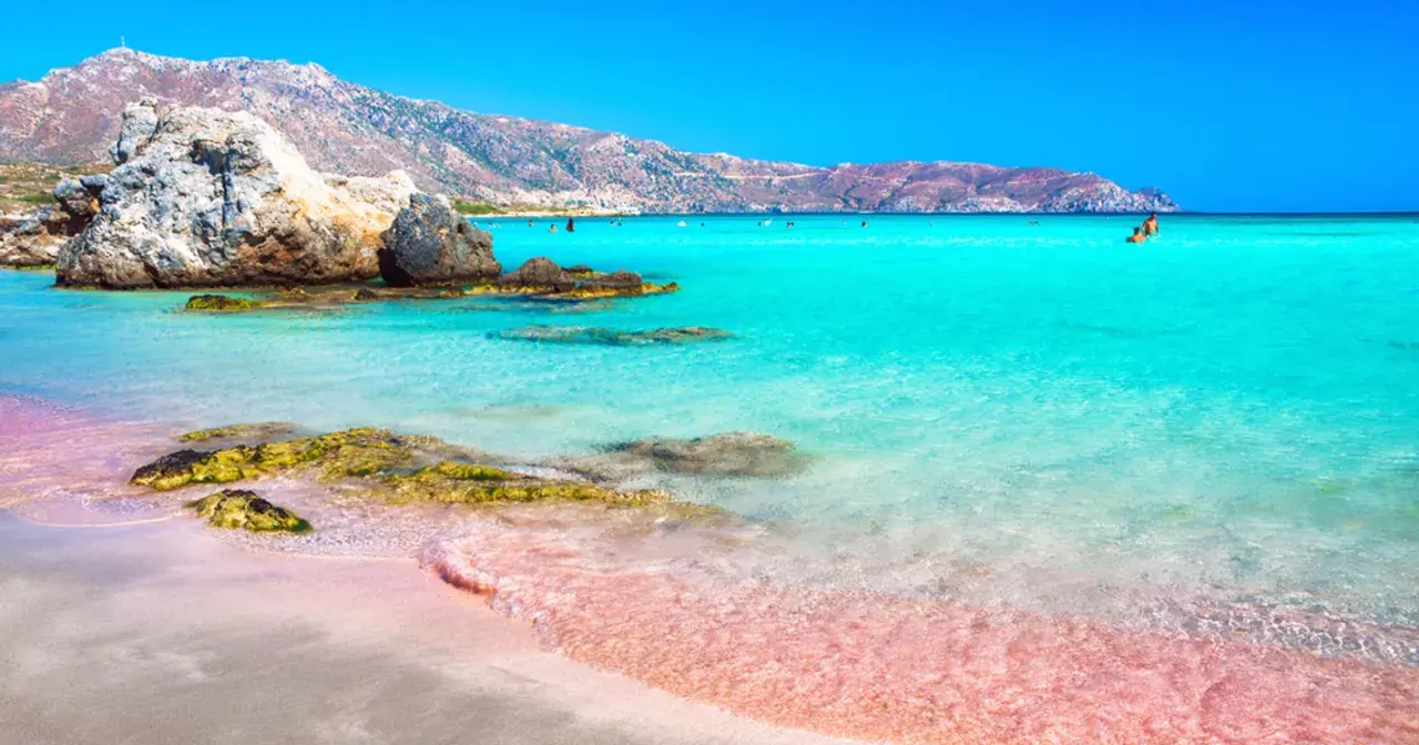 Różowa plaża Kreta z turkusową wodą i skalistym wybrzeżem. W oddali widać góry i kąpiących się ludzi.