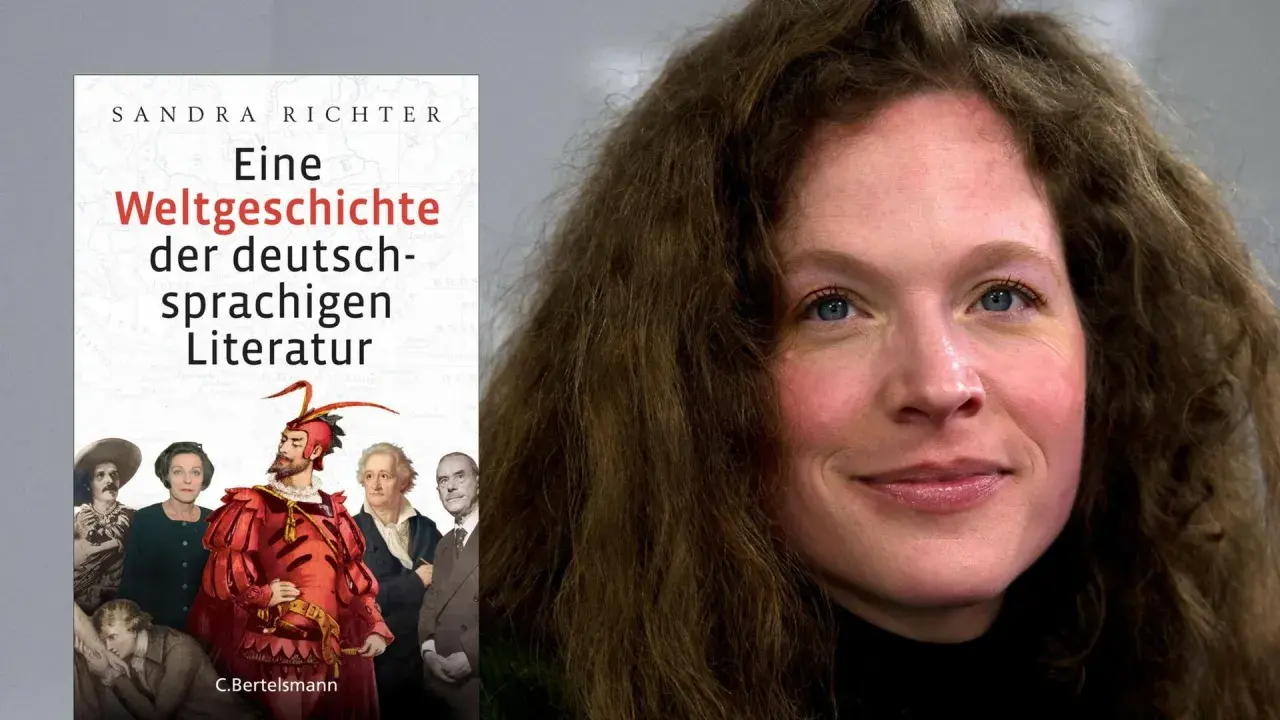 Sandra Richter, Autorin von "Eine Weltgeschichte der deutschsprachigen Literatur", neben historischen Darstellungen bekannter deutscher Schriftsteller.