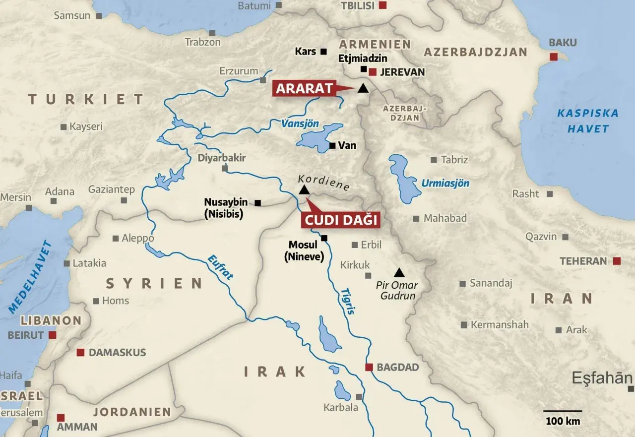Karta över Mellanöstern med fokus på Mesopotamien. Cudi Daği markerad, där Noaks ark landade noak på.