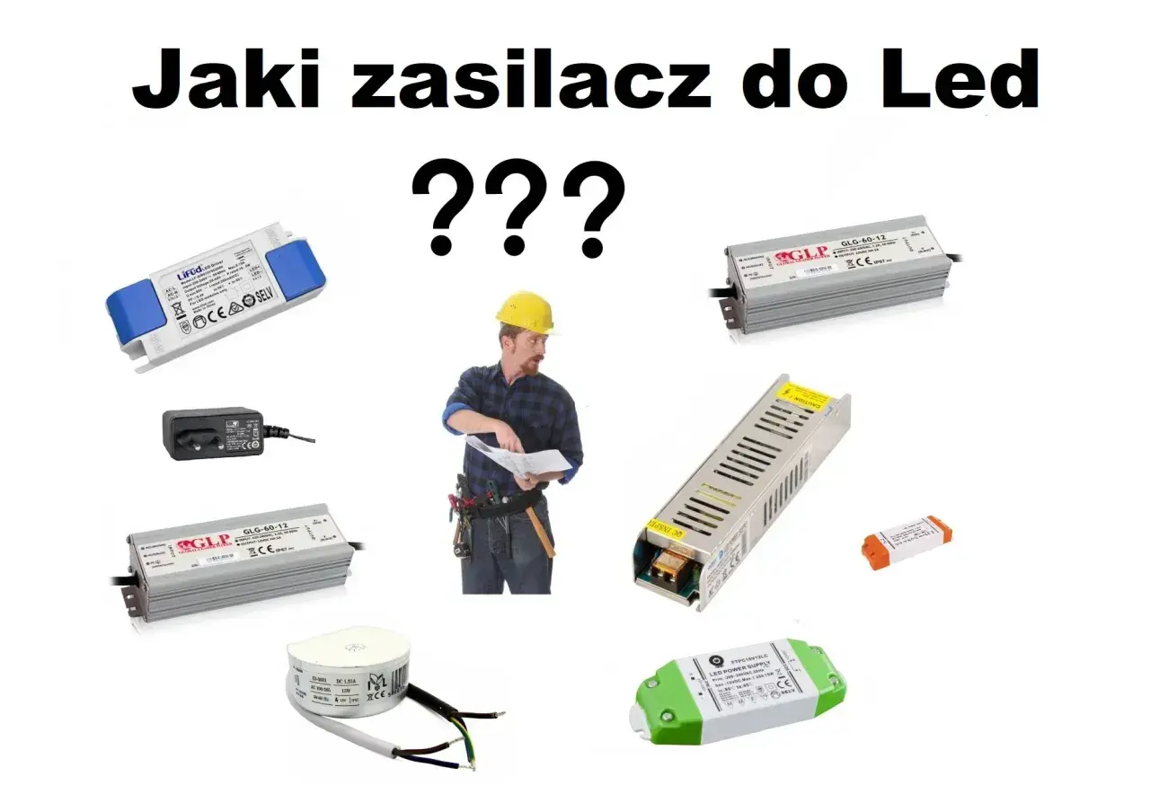 Jaki zasilacz do LED? Różne modele zasilaczy, od małych wtyczkowych po większe, z budowlańcem analizującym schemat.