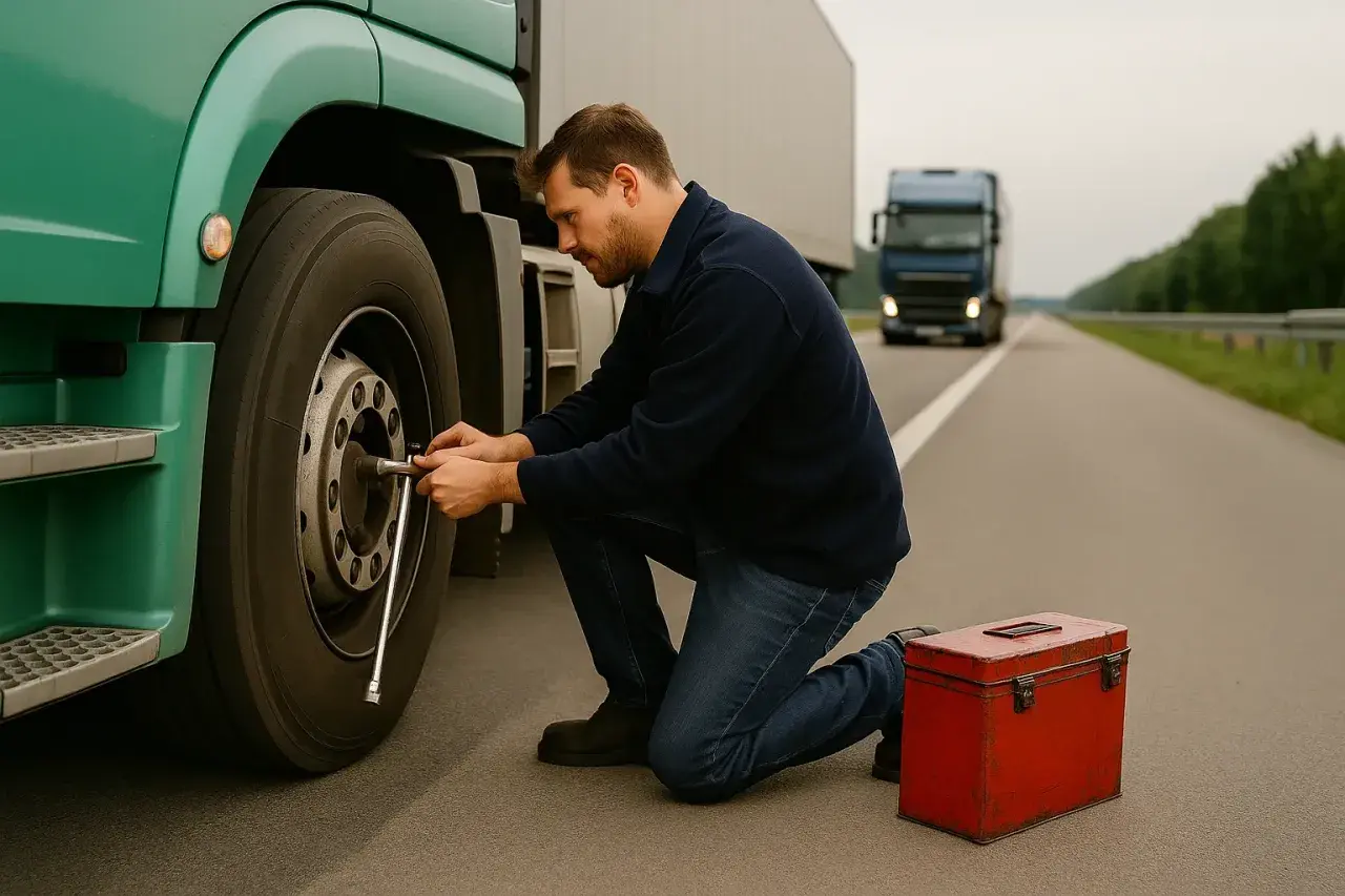 Kierowca naprawia koło w zielonym tirze diesel na poboczu drogi. Obok stoi czerwona skrzynka z narzędziami.