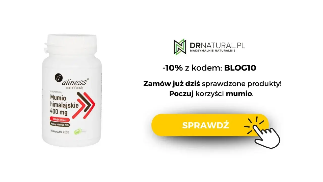 Biała butelka suplementu diety Aliness Mumio himalajskie 400 mg. Poczuj korzyści mumio!