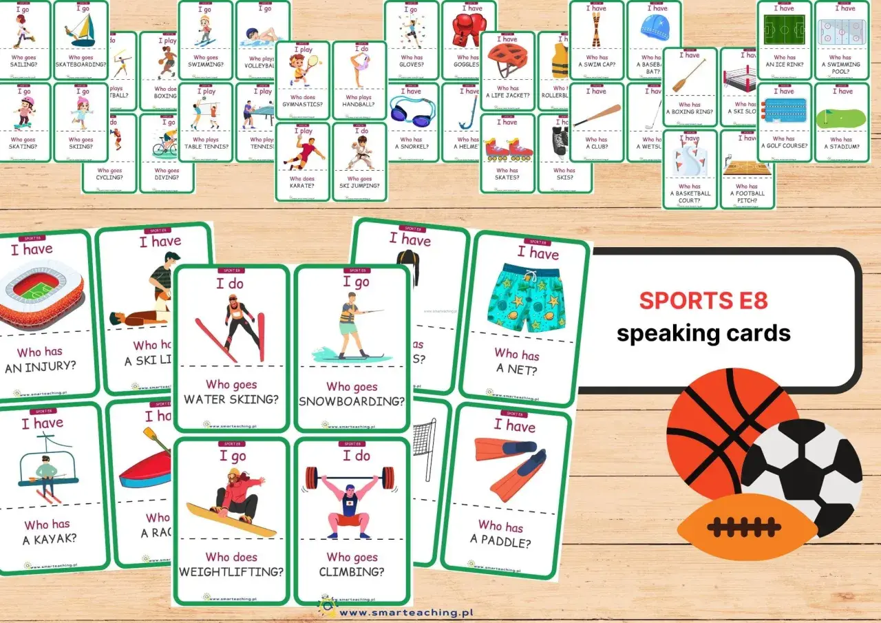 Karty do nauki nazwy sportów po angielsku: sailing, skateboarding, swimming, volleyball, boxing, gymnastics, karate, weightlifting, climbing, snowboarding, water skiing, cycling, diving, skiing, ski jumping, kayaking, handball, tennis, table tennis, go...