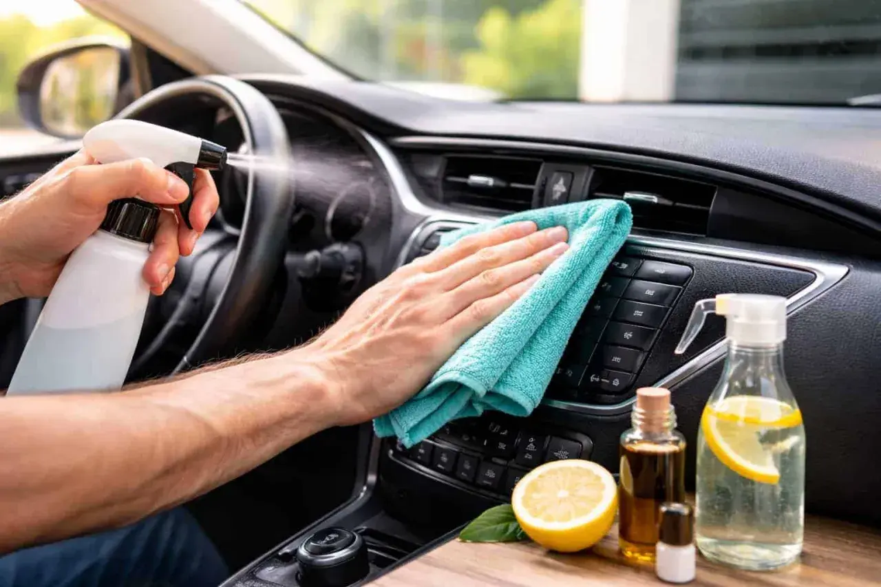 Nettoyer l'intérieur d'un camping-car avec un spray et une microfibre. Citron et huiles essentielles pour un nettoyage naturel.