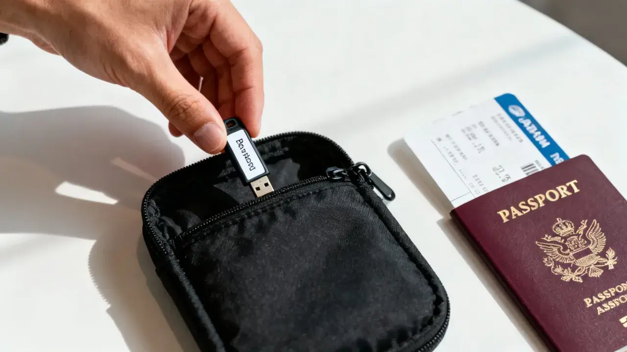Hand steckt USB-Stick als Festplatte in schwarze Tasche neben Reisepass und Flugticket.