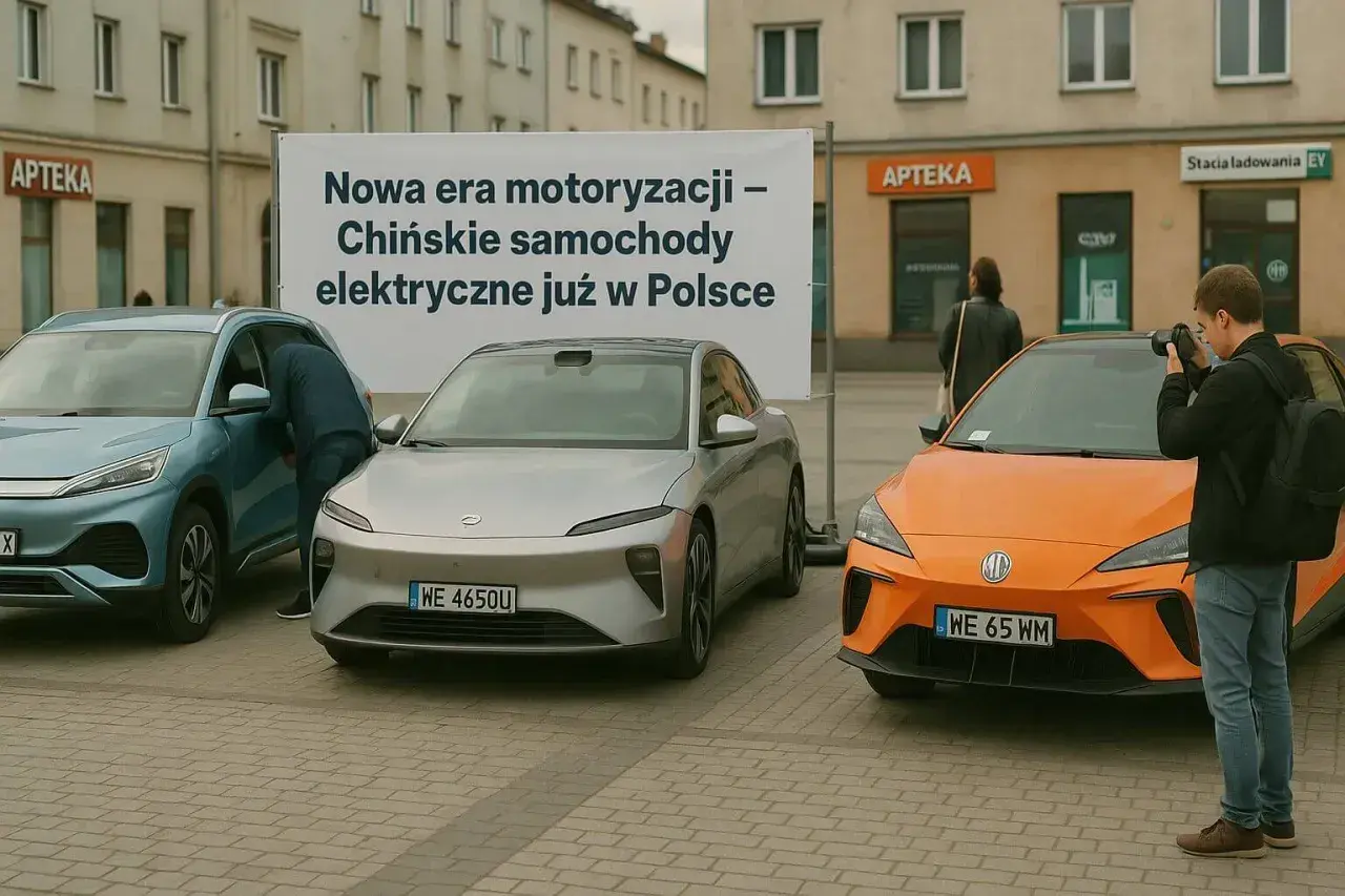 Trzy nowoczesne chińskie samochody elektryczne prezentowane na placu. Mężczyzna fotografuje pomarańczowy model.