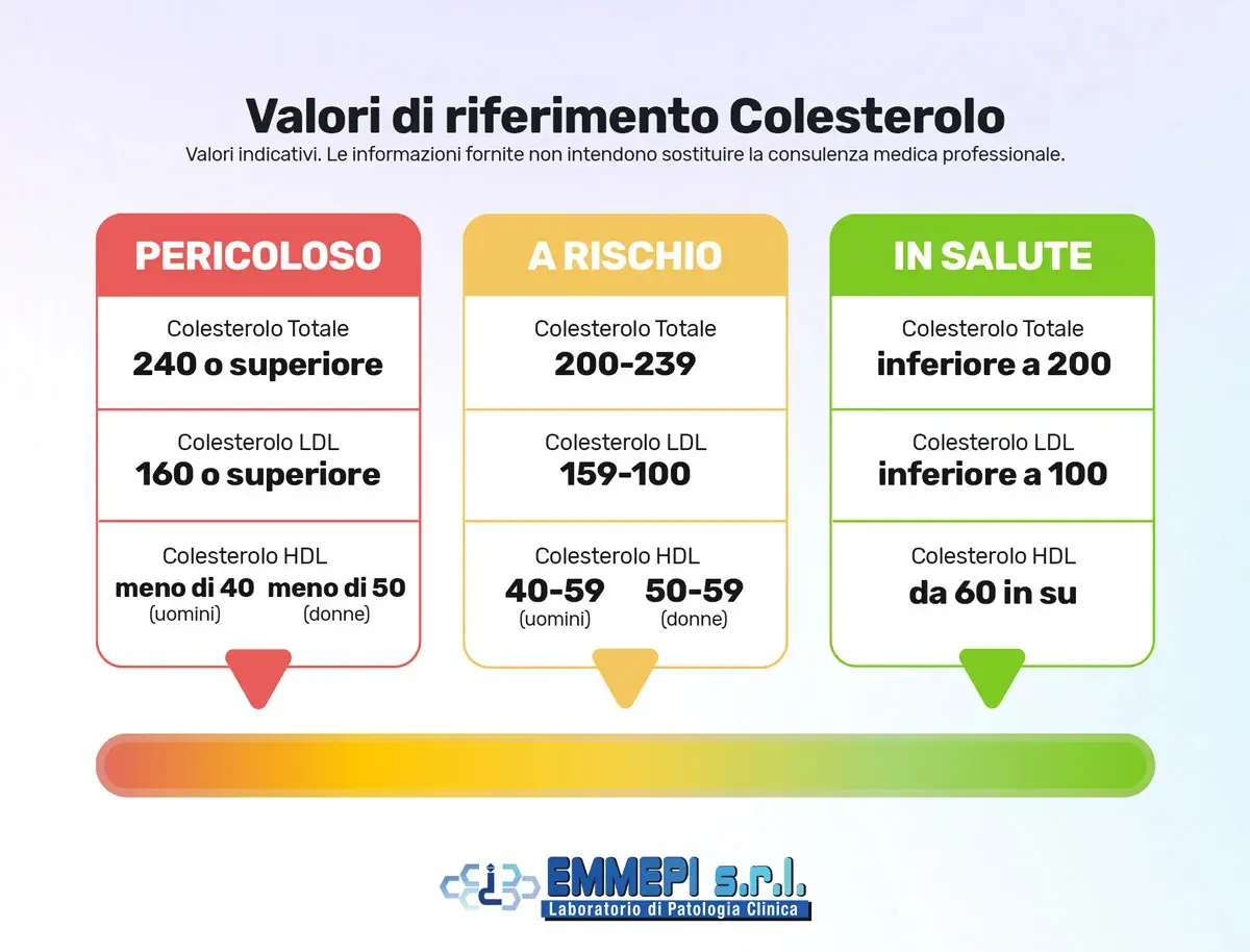 Valori di riferimento colesterolo: "Pericoloso" (240+ totale, 160+ LDL), "A Rischio" (200-239 totale, 159-100 LDL), "In Salute" (<200 totale, <100 LDL). Colesterolo 260 dopo 50 anni è pericoloso.