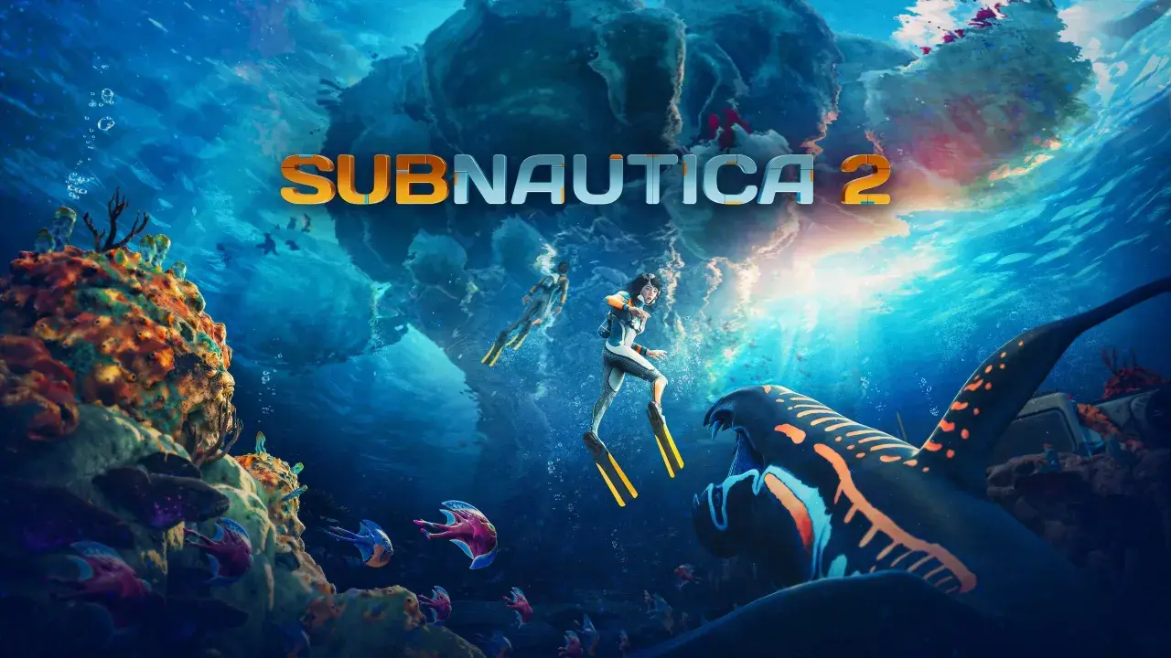 Plongez dans l'univers de Subnautica 2. Deux explorateurs sous-marins nagent près d'un récif coloré, tandis qu'un prédateur géant surgit. La config du jeu promet des aventures aquatiques.