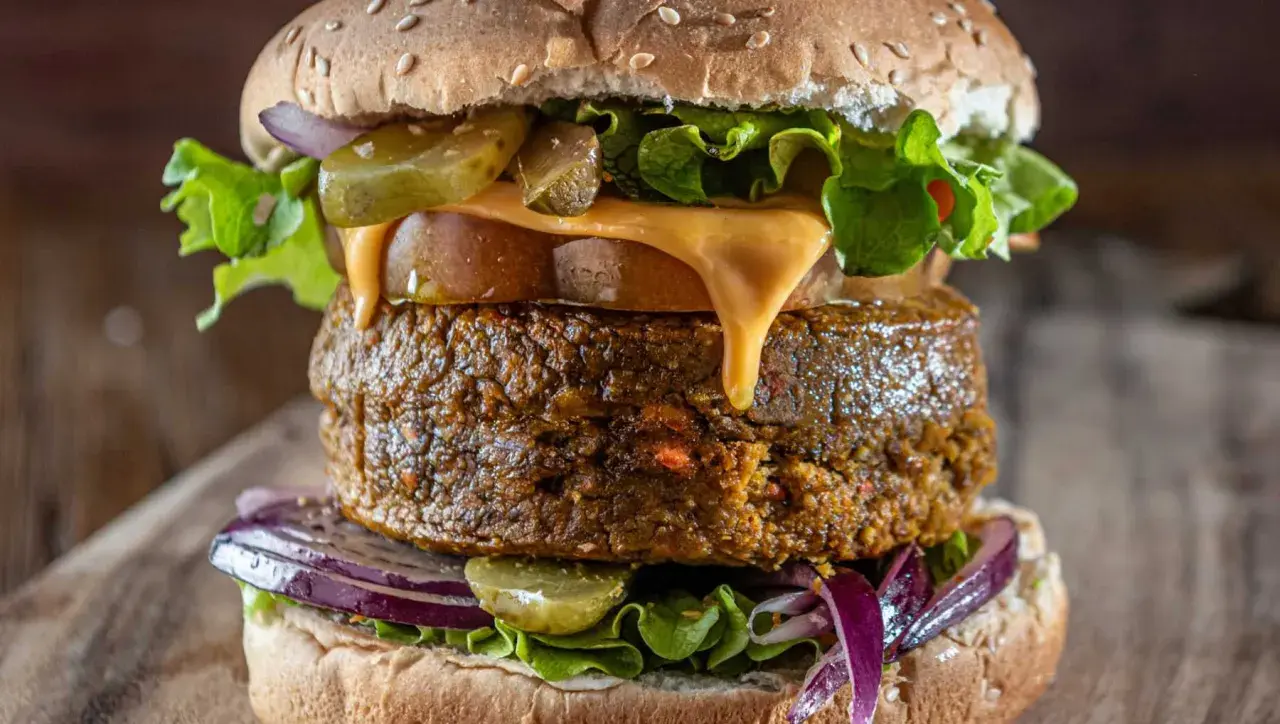 Deliciosa hamburguesa vegana con queso derretido, lechuga fresca, pepinillos y cebolla morada.
