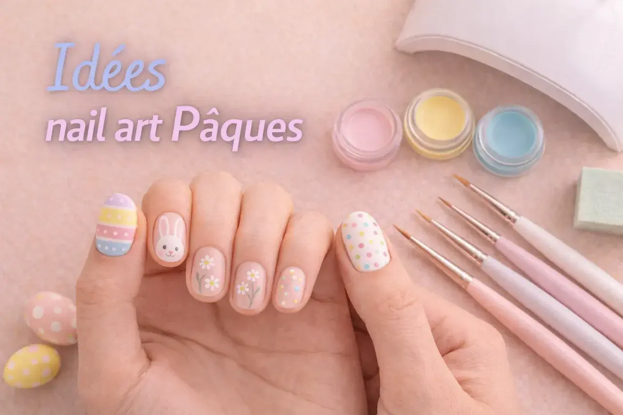 Idées nail art Pâques : un lapin mignon, des fleurs délicates et des œufs colorés ornent ces mains pour célébrer la saison.