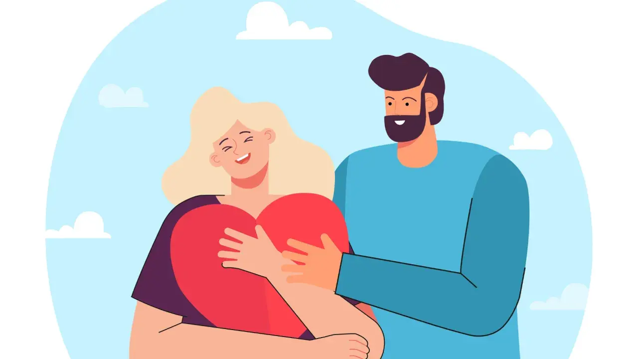 Coppia felice che si abbraccia con un grande cuore rosso. Lei sorride, lui la stringe. Ho bisogno di amore, e questo è un abbraccio pieno di esso.