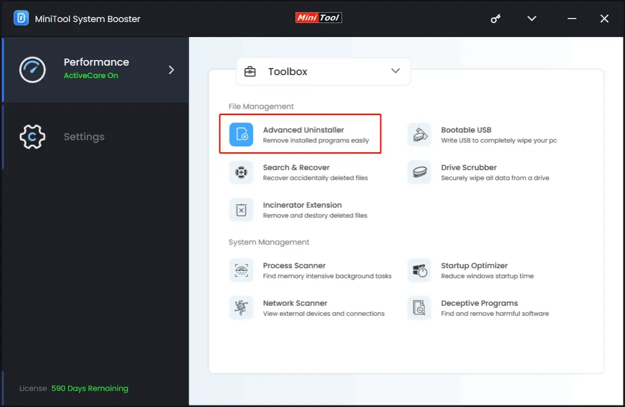Zaawansowany odinstalator w MiniTool System Booster pomoże Ci dowiedzieć się, jak odinstalować McAfee i inne programy.