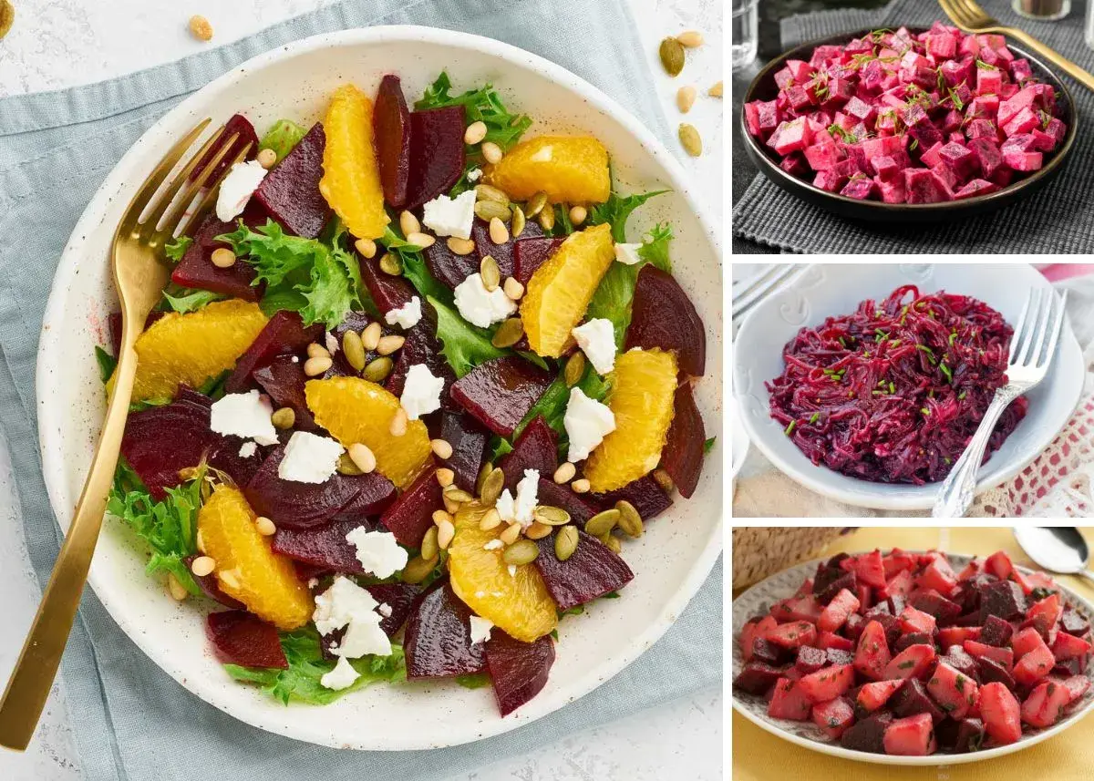 Ensalada de remolacha vibrante con naranja, queso feta y semillas. Otras preparaciones de remolacha en el collage.