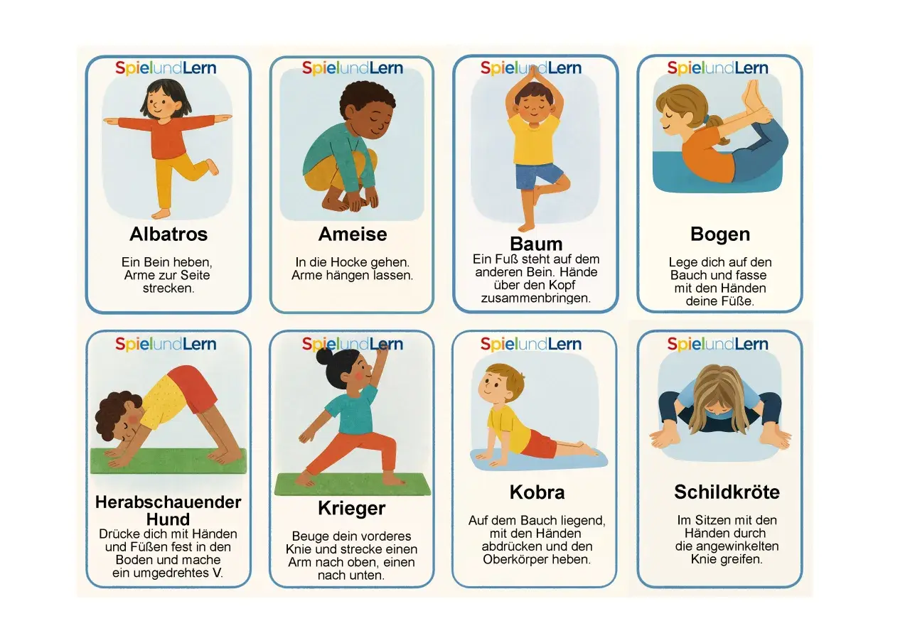 Bilder für Yoga im Kindergarten: Kinder üben Albatros, Ameise, Baum, Bogen, Hund, Krieger, Kobra und Schildkröte.