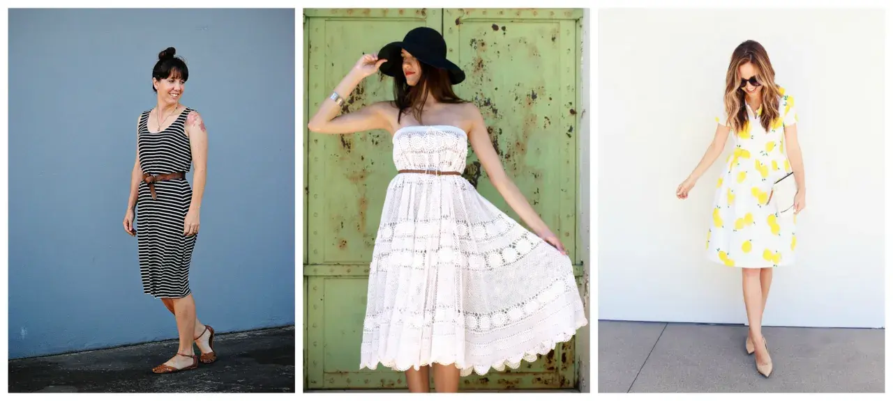 Three women showcase stylish DIY summer dresses: a striped midi, a white lace strapless, and a lemon-print A-line.