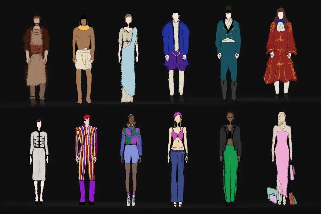 Un viaje visual por la historia de la moda: desde atuendos antiguos hasta estilos modernos, cada figura representa una época.
