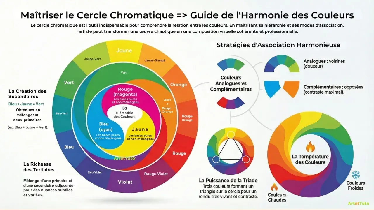 Guide de l'harmonie des couleurs : le cercle chromatique explique la **gamme chromatique**, la création des couleurs secondaires et tertiaires, et les stratégies d'association.