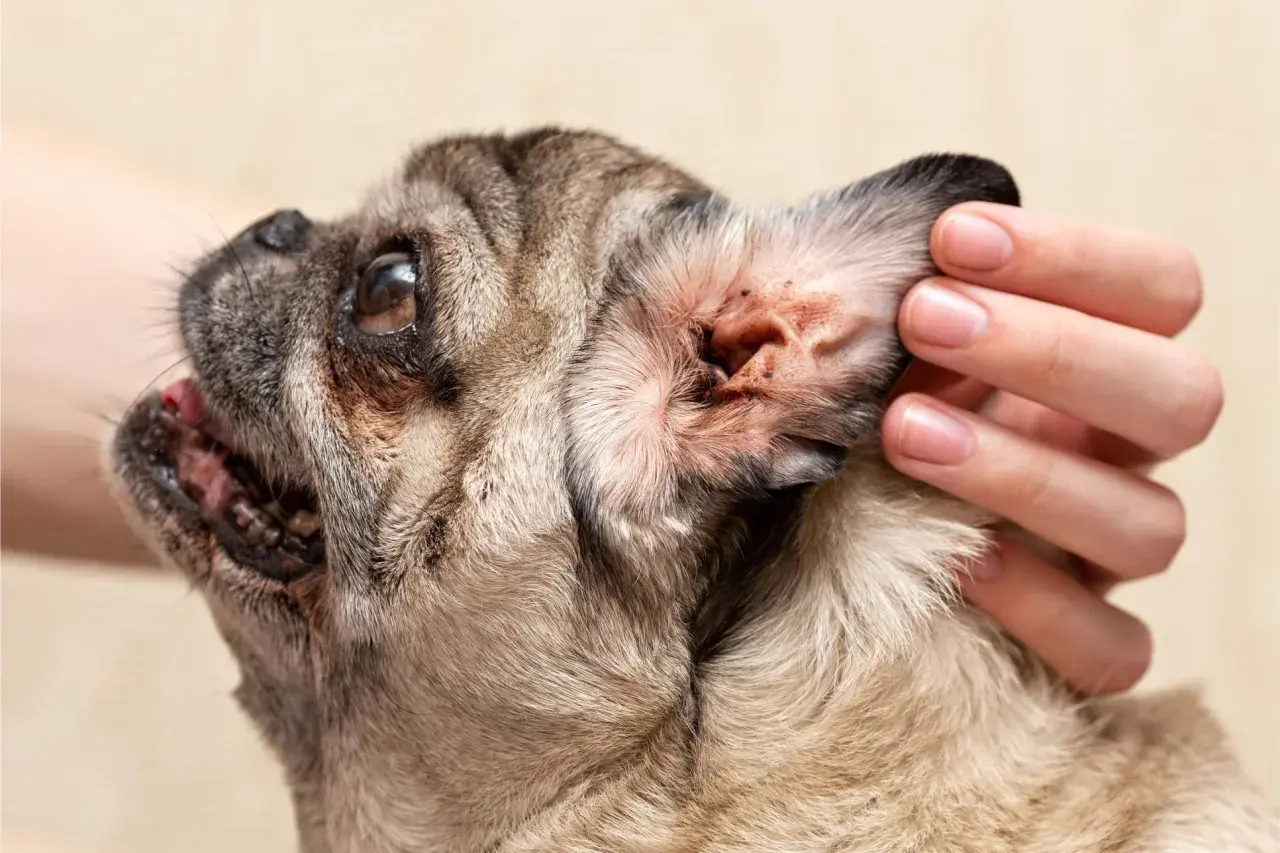 Close-up of a pug's ear, showing redness and debris, prompting the question: why does my dog keep getting ear infections?