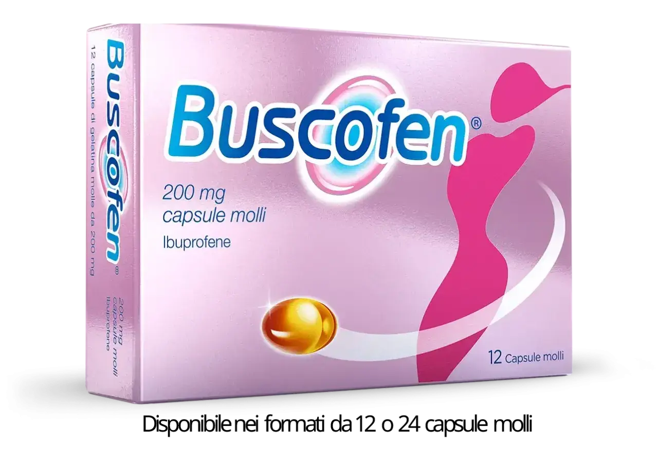 Confezione di Buscofen 200 mg, 12 capsule molli. Sollievo rapido dal dolore, non importa quante scariche.