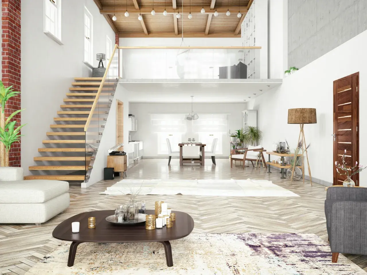 Un grand salon lumineux avec un escalier en bois menant à une mezzanine sous toit en pente. Un canapé blanc, une table basse et une salle à manger sont visibles.