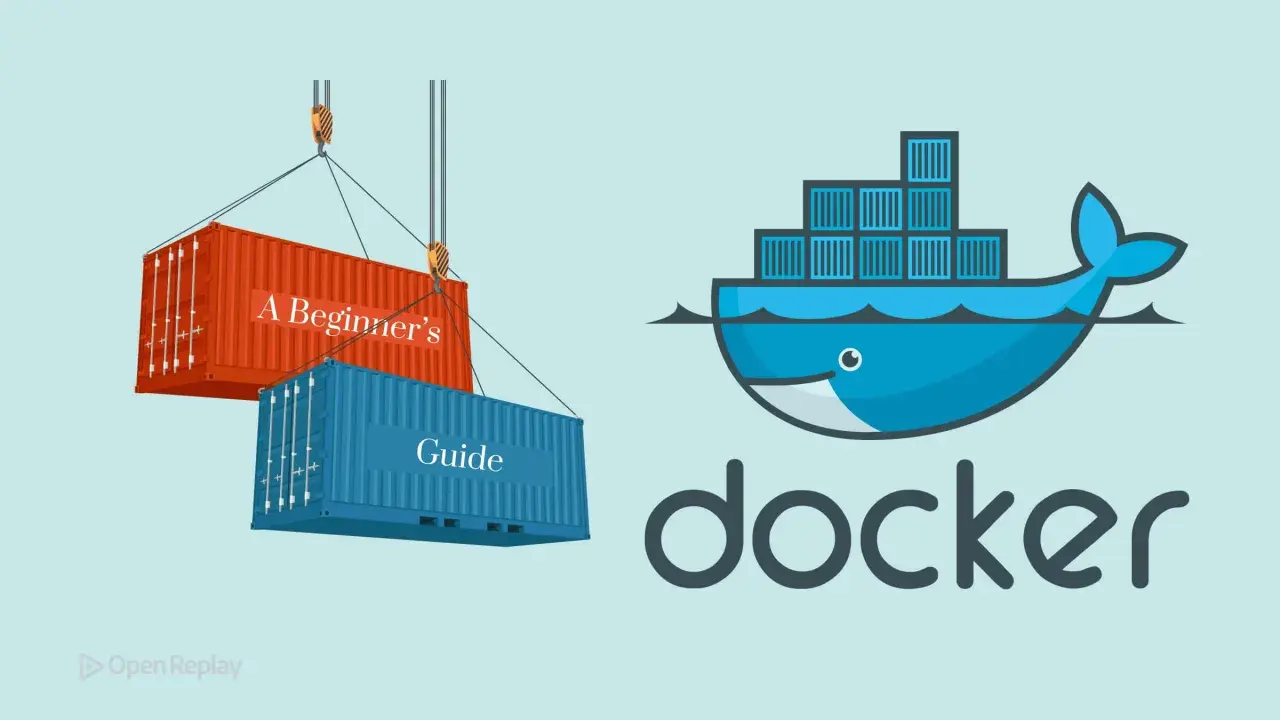 Grue soulevant des conteneurs, un rouge "A Beginner's" et un bleu "Guide". Le logo Docker, une baleine bleue, est à droite.