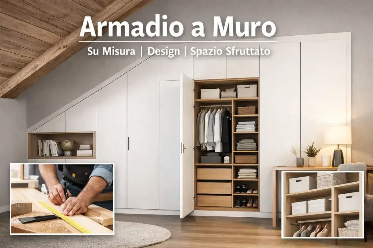 Armadio a muro fai da te, su misura, con interni ben organizzati e un inserto che mostra la lavorazione del legno.