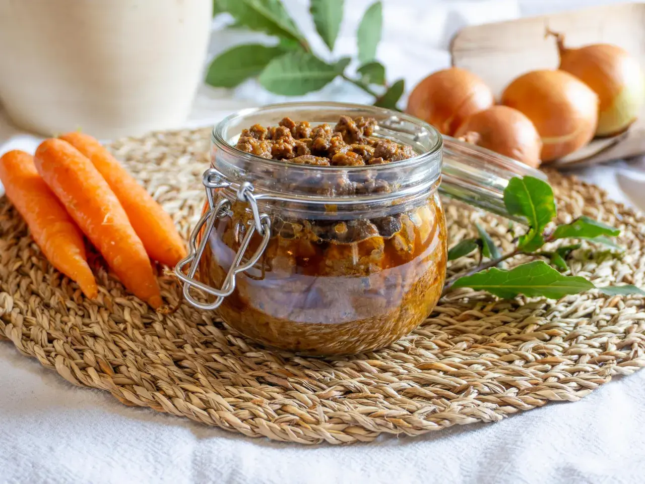 Un vasetto di vetro pieno di saporito ragù di anatra, con carote e cipolle sullo sfondo.