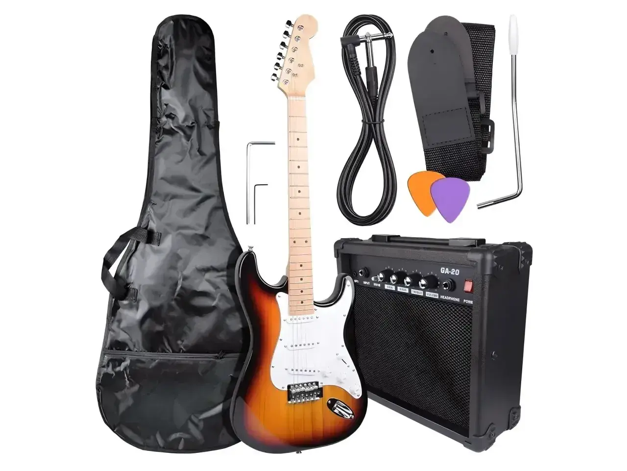 Zestaw do nauki gry na gitarze elektrycznej: gitara, wzmacniacz, pokrowiec, kabel, pasek, kostki i klucze.