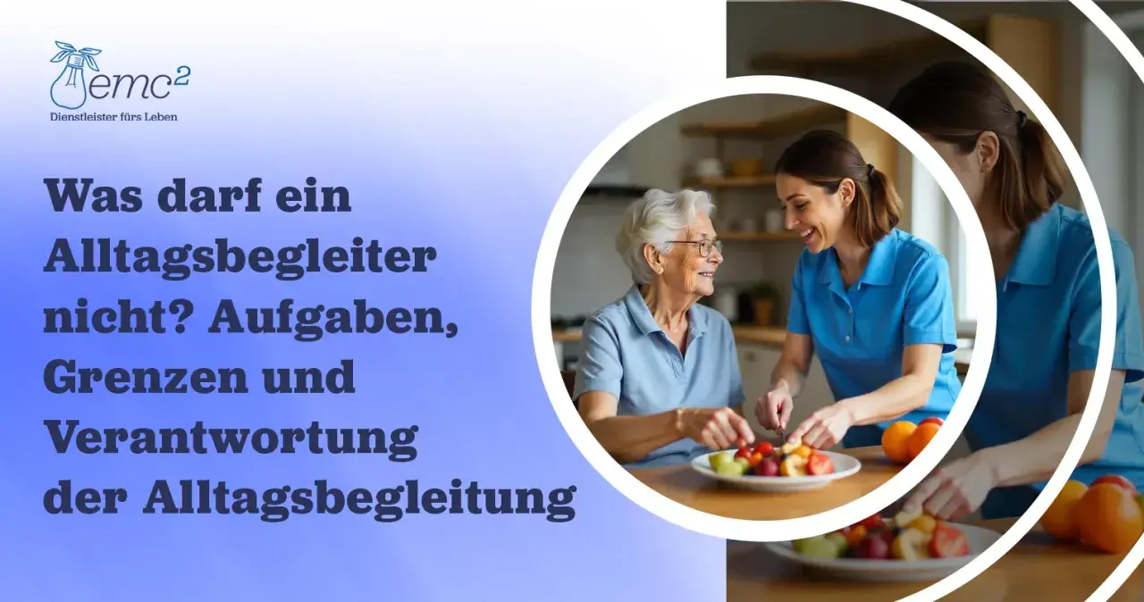 Eine freundliche Alltagsbegleiterin bereitet mit einer älteren Dame Obst zu. Die Aufgaben und Grenzen der Alltagsbegleitung werden thematisiert.