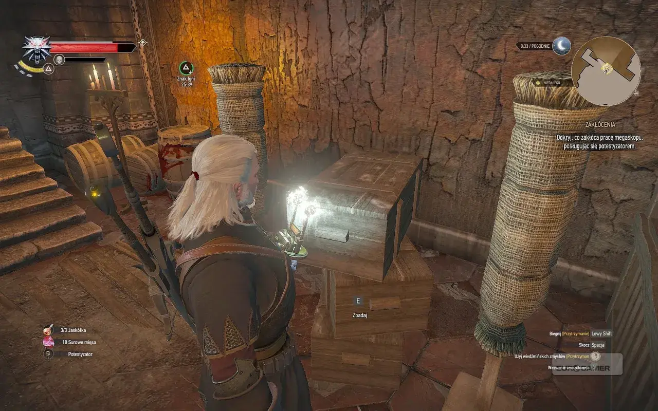 Geralt bada skrzynię, szukając zakłóceń w Wiedźmin 3. Potestyzator świeci, wskazując źródło problemu.