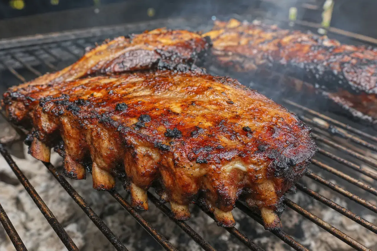 Côtes levées grillées, fumantes et caramélisées, parfaites pour une recette d'épices barbecue.