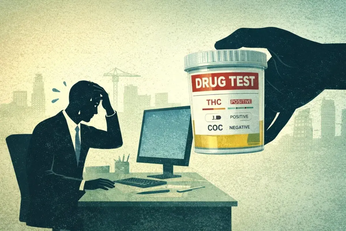 Un uomo preoccupato al computer, una mano offre un contenitore per il test per scoprire se tuo figlio si droga.