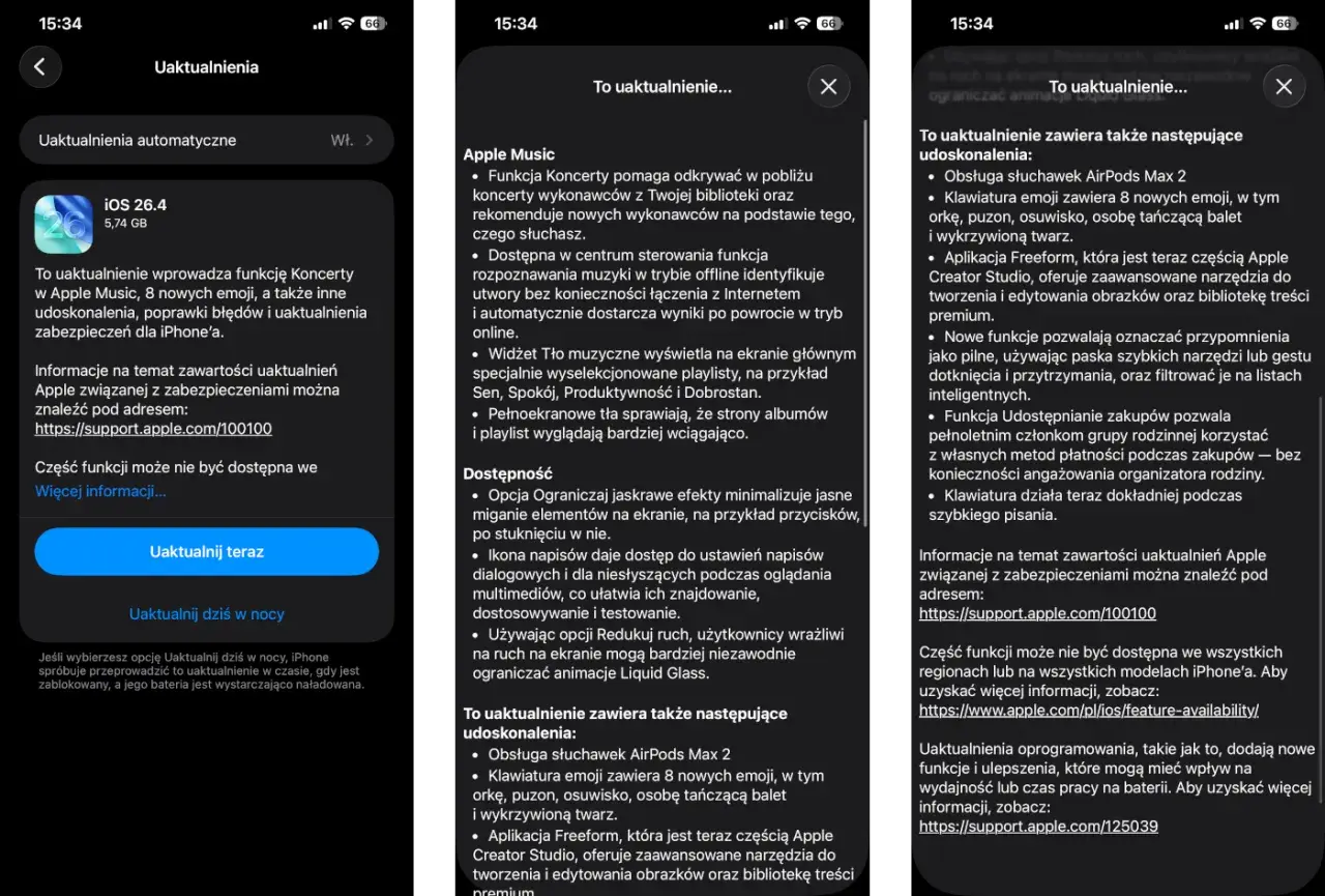 Aktualizacja iOS 26.4 wprowadza funkcję Koncerty w Apple Music, nowe emoji i poprawki.