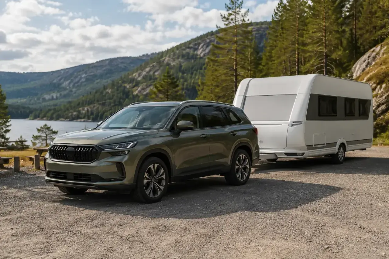 Grön Skoda Kodiaq drar en husvagn vid en sjö i Sverige. Perfekt för ett skoda kodiaq test i naturen.