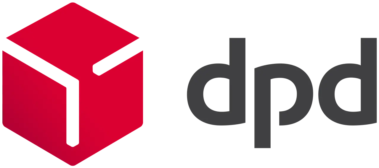 Czerwony sześcienny symbol obok szarego napisu "dpd". Protokół dpd gwarantuje szybką dostawę.