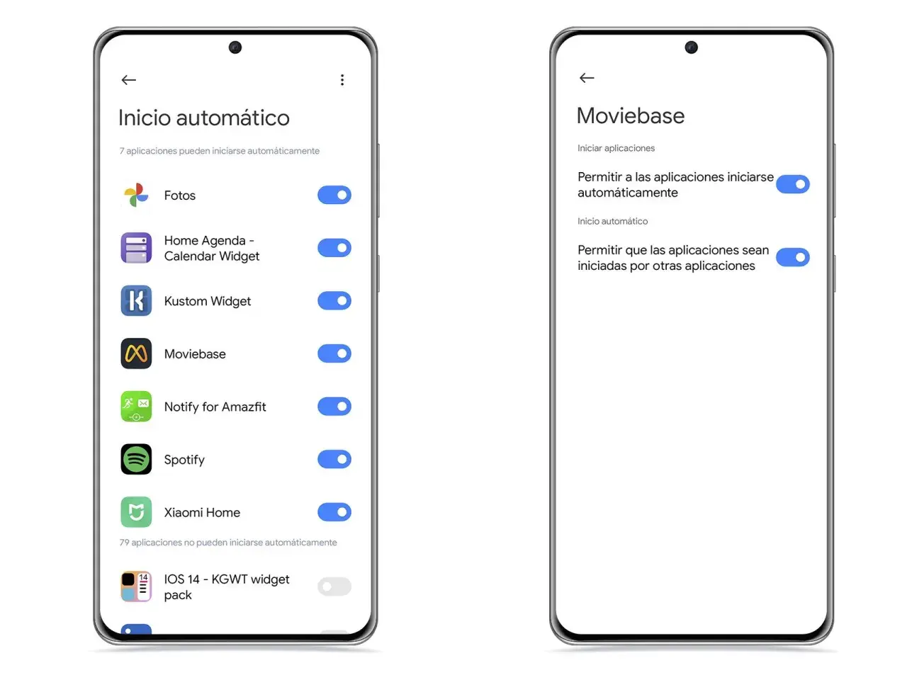 Pantallas de móvil mostrando ajustes de inicio automático de apps. En el segundo plano, se ve la lista de apps permitidas.