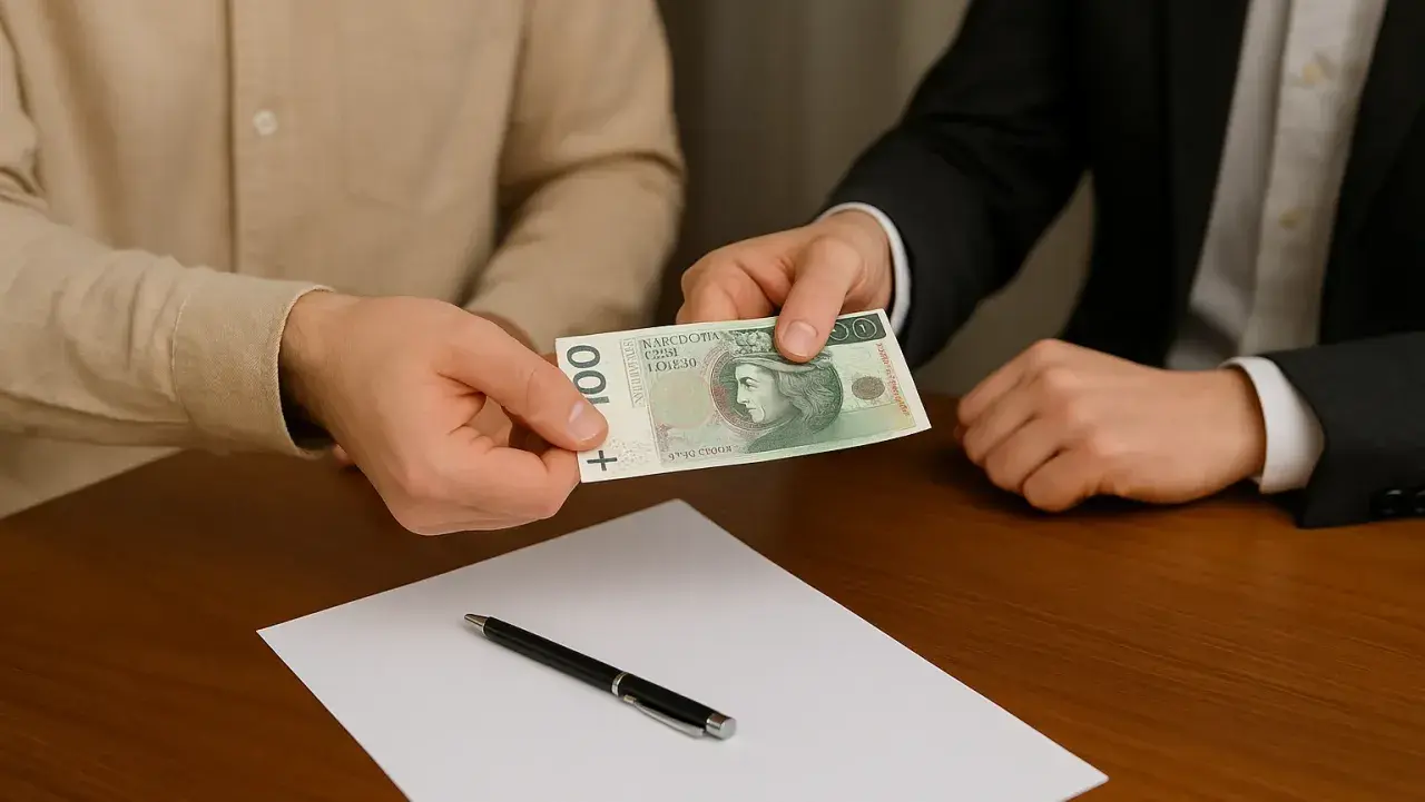 Przekazanie banknotu 100 zł. Niewidoczna osoba w garniturze wręcza pieniądze, co może symbolizować darowiznę od obcej osoby lub transakcję.