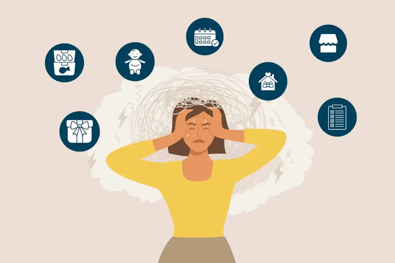 Überforderte Frau mit Händen am Kopf, umgeben von Symbolen für Haushalt, Kind, Kalender, Einkaufen, Geschenk und To-Do-Liste. Der **mental load** ist spürbar.