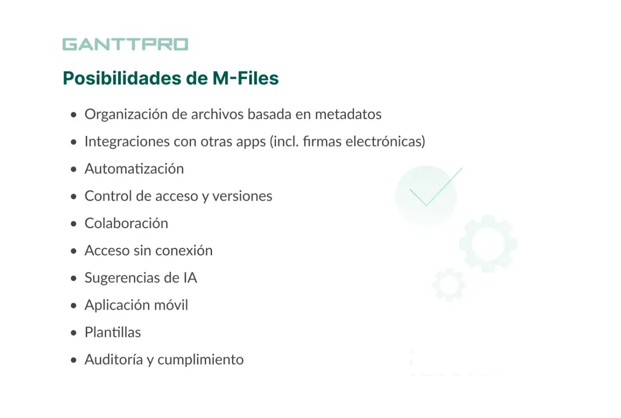 Lista de funcionalidades de M-Files, destacando la organización de archivos basada en metadatos, que explica el significado de metadatos en la gestión documental.