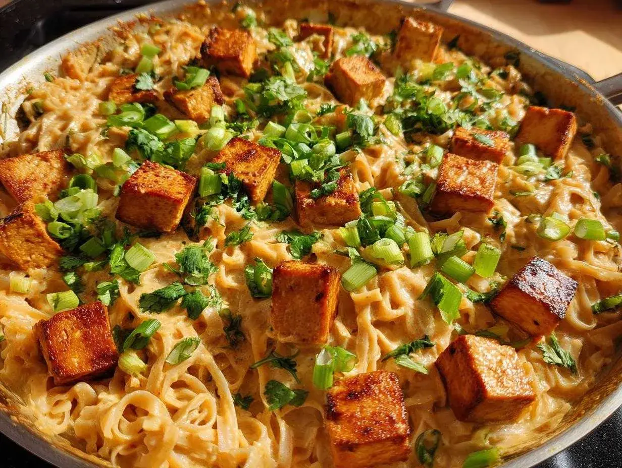 Pyszny makaron z tofu w kremowym sosie, posypany szczypiorkiem i kolendrą. Idealne danie dla wegan.
