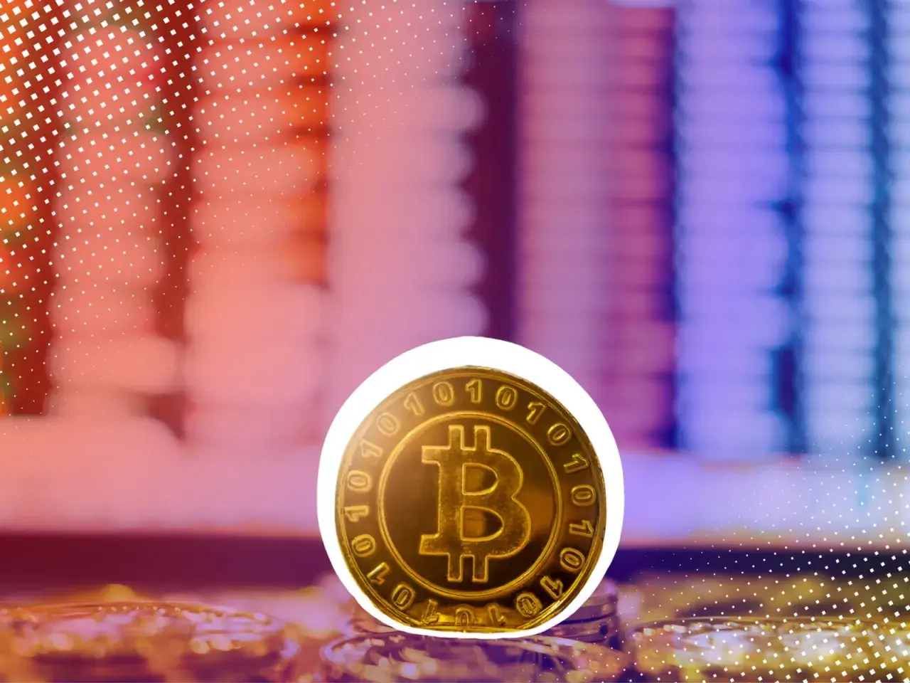 Goldene Bitcoin-Münze im Fokus, umgeben von unscharfen Stapeln. Ein Symbol für die Frage: wie werde ich schnell reich?