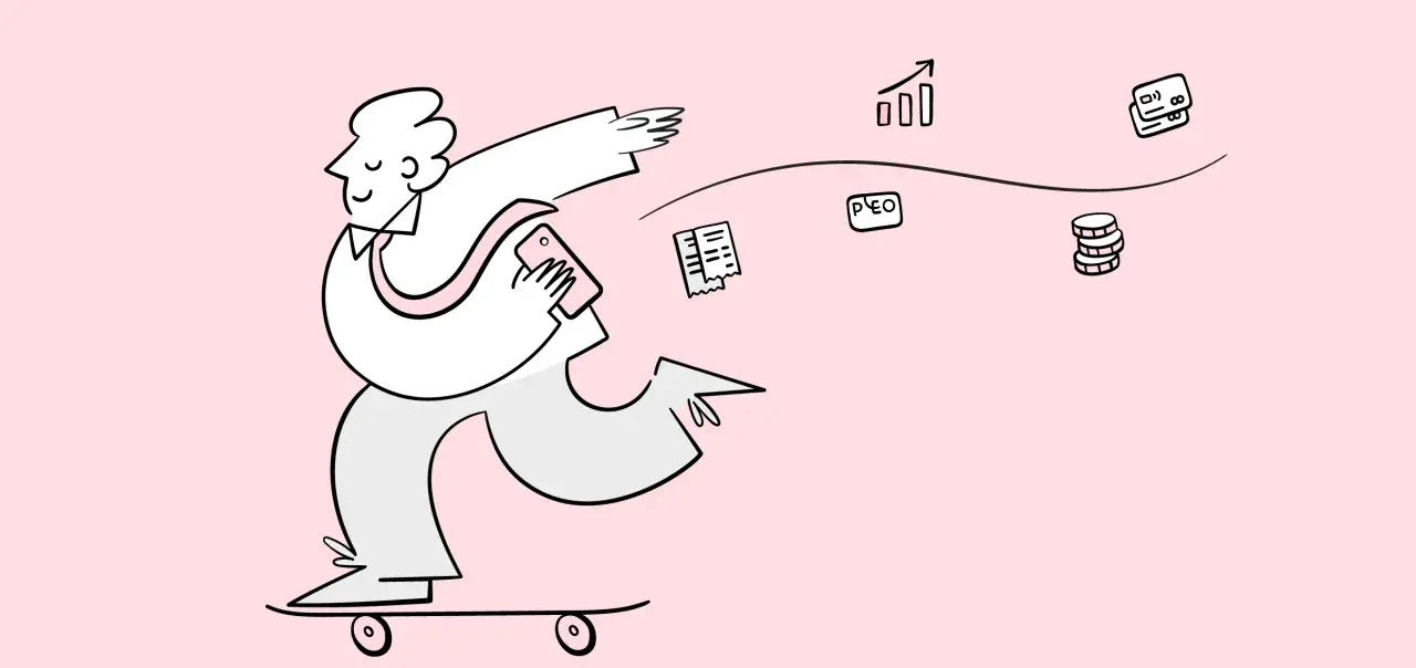 Mann auf Skateboard mit Handy, umgeben von Symbolen für Finanzen und Transaktionen, wie Belege, Münzen, Diagramme und eine firmenkreditkarte nicht personenbezogen.