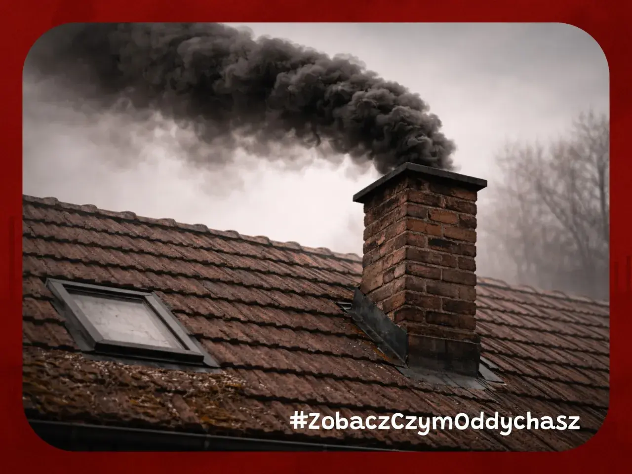 Ciemny dym wydobywa się z ceglanego komina na tle pochmurnego nieba.