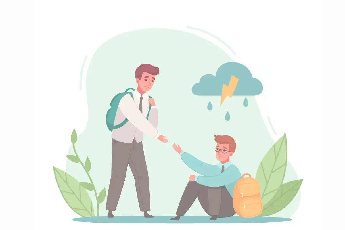 Jongen met groot empathisch vermogen helpt vriend die verdrietig is onder een onweerswolk.