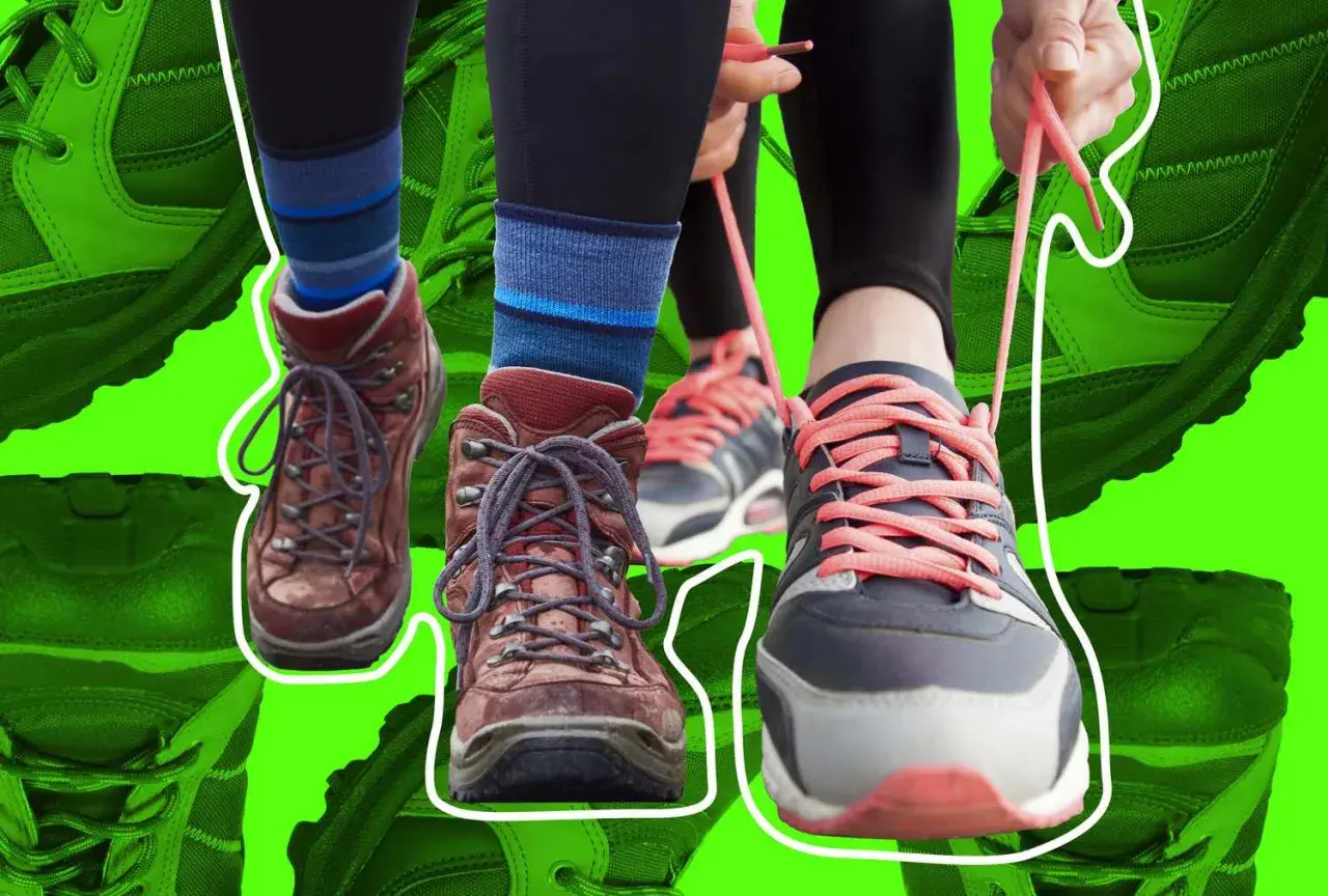Comparing approach vs hiking shoes. One pair is sturdy, brown hiking boots, the other is a modern, grey and pink sneaker being laced up.