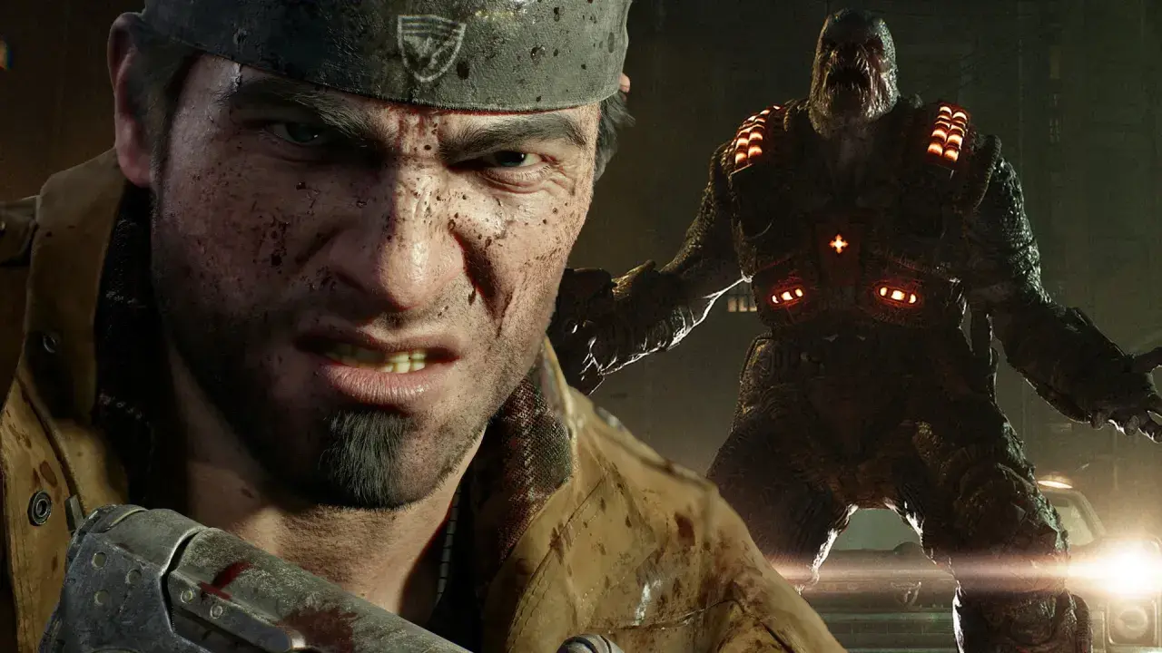 Ein Soldat im Kampf, im Hintergrund ein Locust-Krieger. Ein Moment aus Gears of War: E-Day.